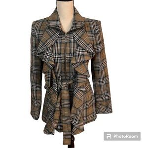 Mac & Jac Plaid Ruffle Fitted Zip-Up Jacket W/Tie Waist Sz-S